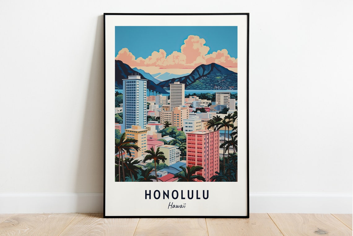 Honolulu City Skyline With Mountain Backdrop Hawaii Travel Poster