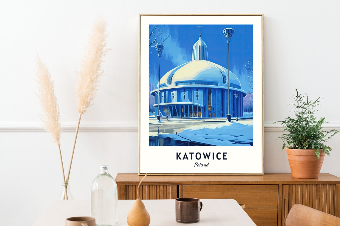Katowice Spodek Dome Arena Winter Dusk Snow Scene Travel Poster - Image 2