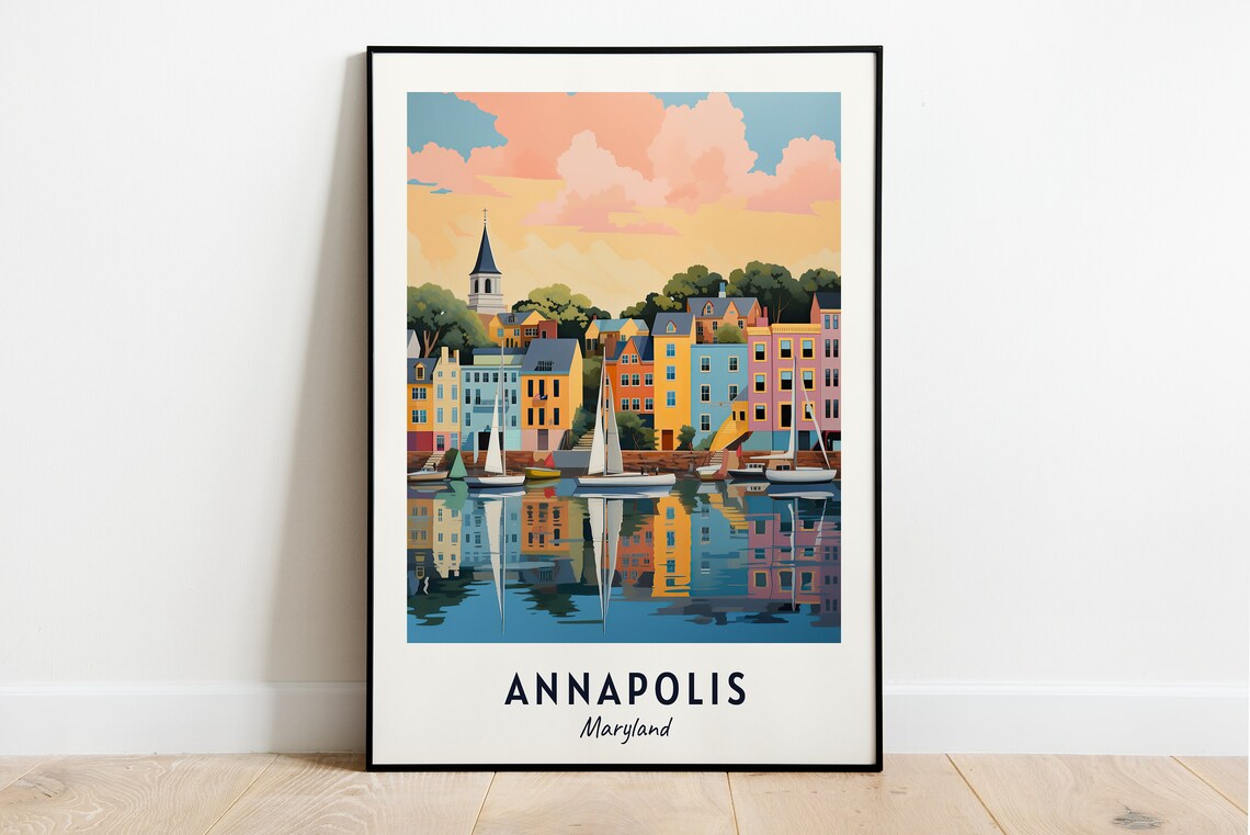 Annapolis Maryland Harbor Sailboats Waterfront Town View Poster
