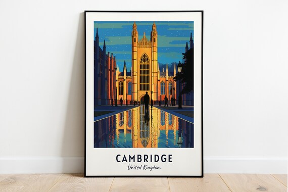 Cambridge United Kingdom Gothic College Chapel Dusk Travel Poster