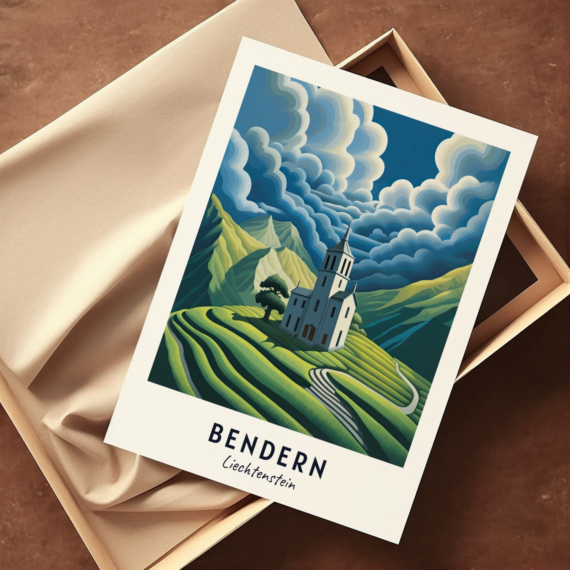 Bendern Church On Rolling Green Hills Liechtenstein Travel Poster - Image 3