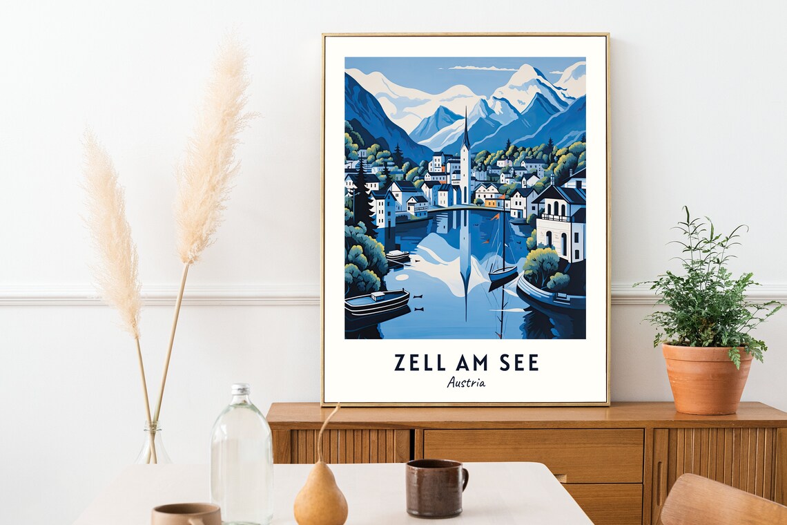 Zell Am See Lake Mirror Snowy Peaks Church Spire Travel Poster - Image 2