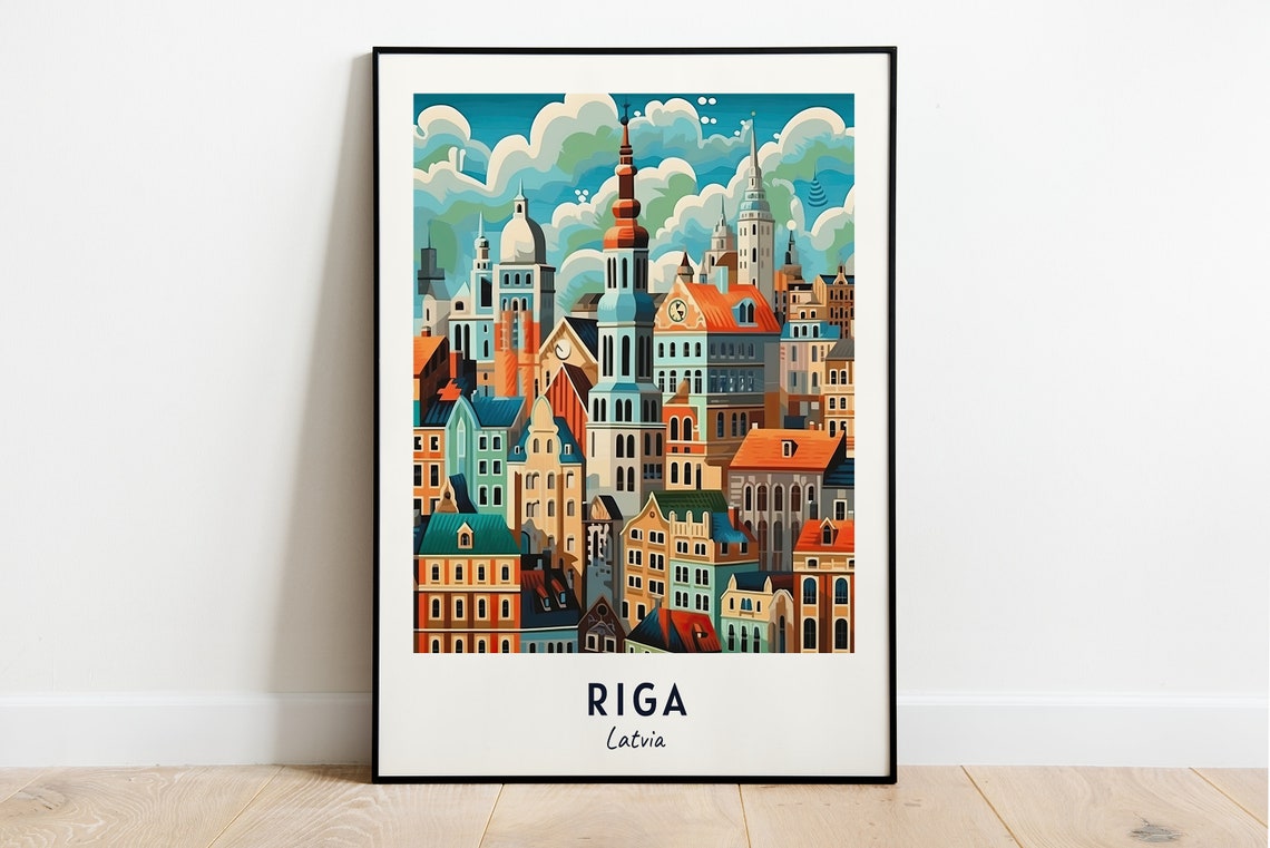 Riga Latvia Old Town Colorful Spires Rooftops Cloudscape Poster