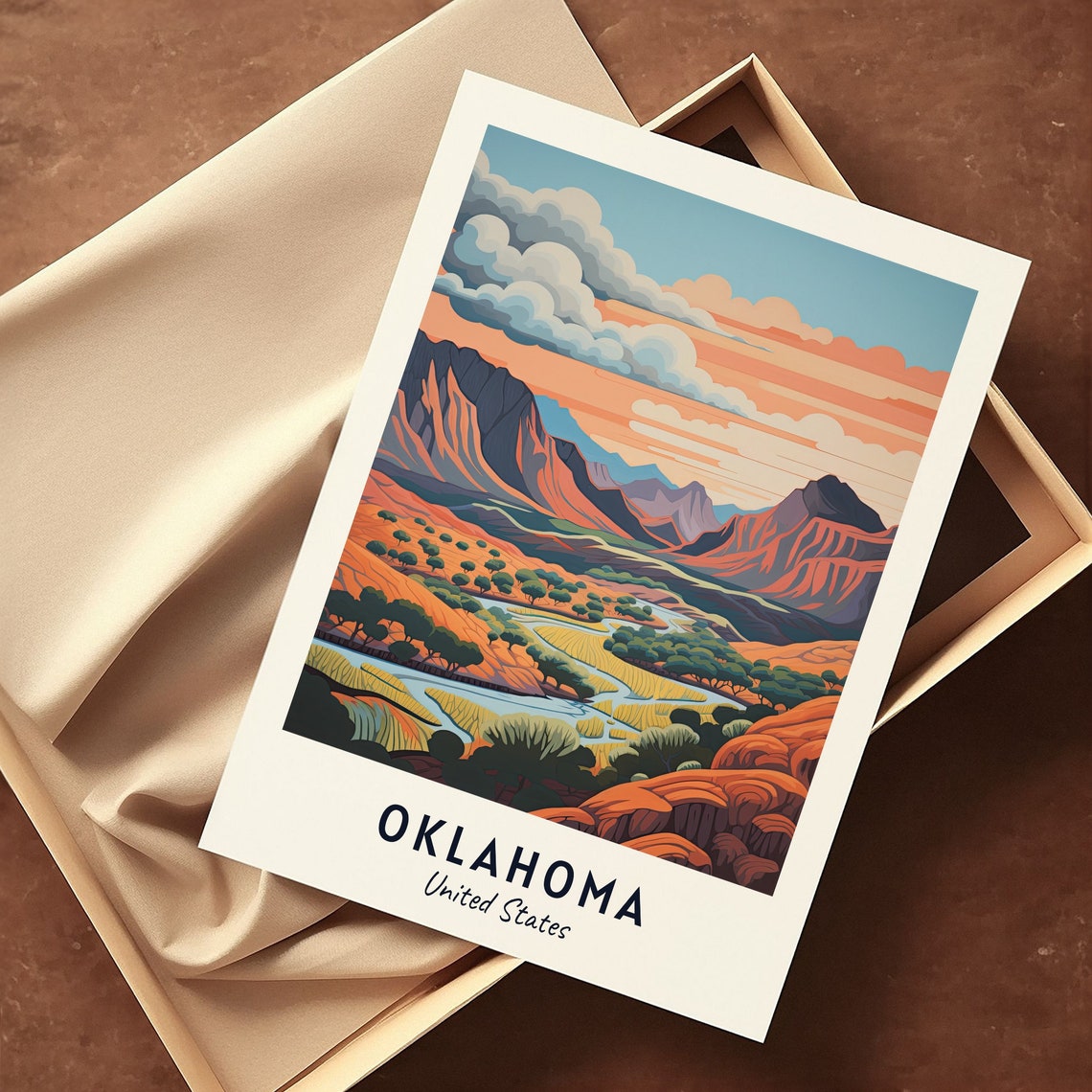Oklahoma United States Red Mesa Desert River Sunset Scene Poster - Image 3