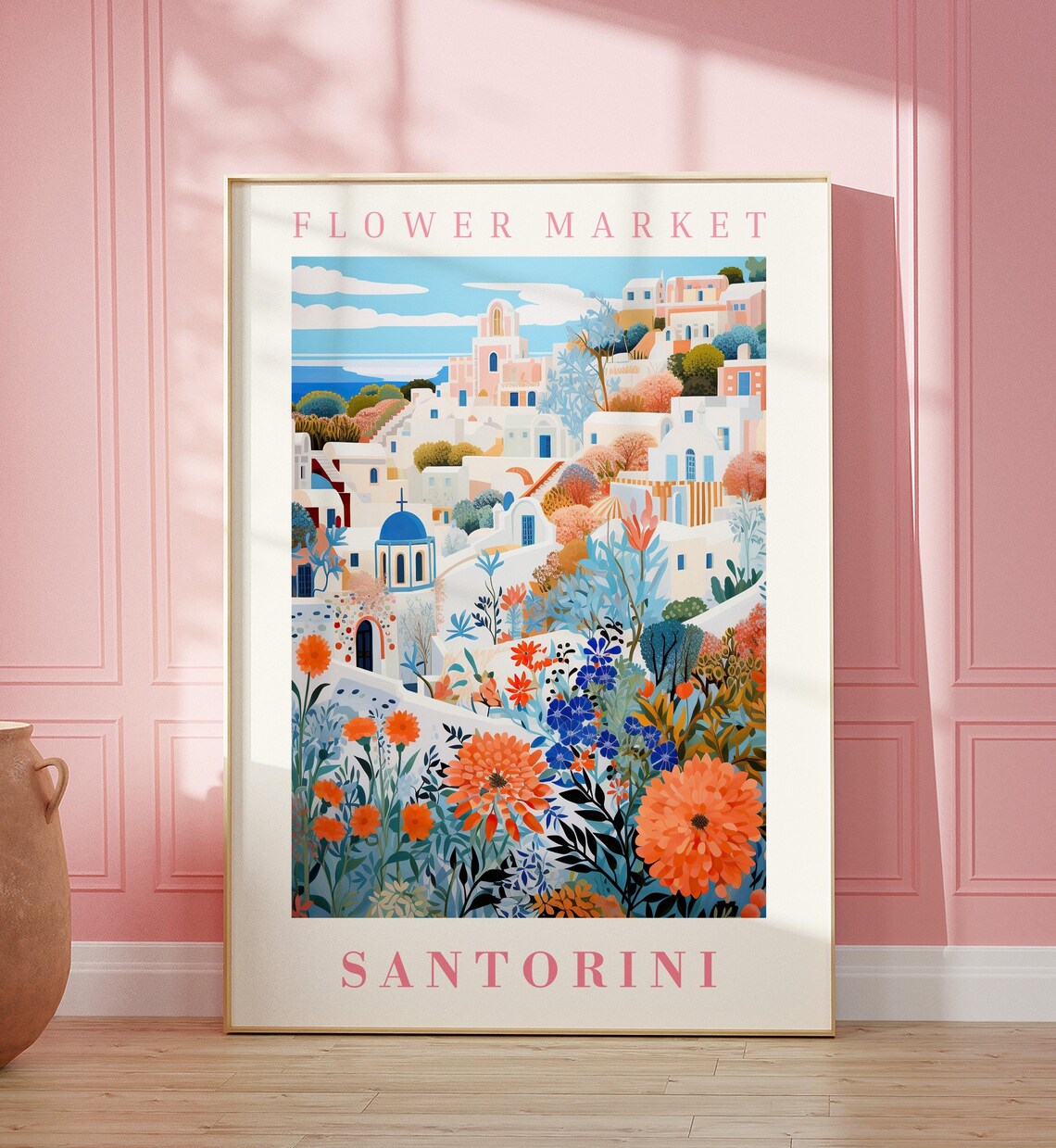 Santorini Flower Market Blue Domes White Village Travel Poster - Image 3