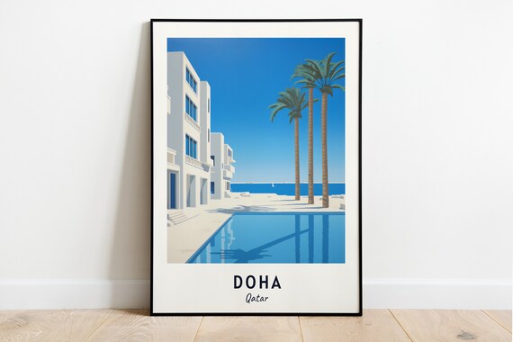 Doha Pool Palms Modern White Waterfront Serene Qatar Travel Poster