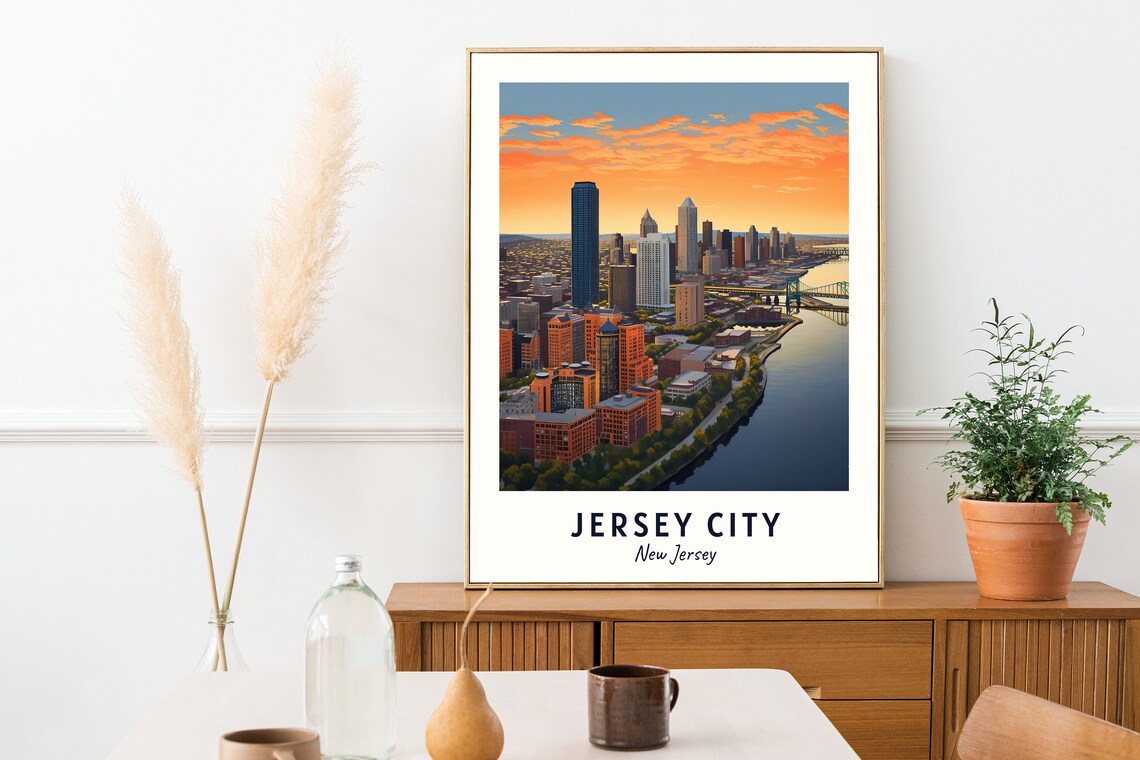 Jersey City New Jersey Sunset Skyline Hudson River Travel Poster - Image 2