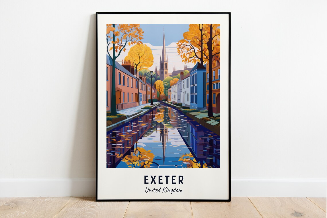 Exeter United Kingdom Autumn Canal and Church Spire Travel Poster