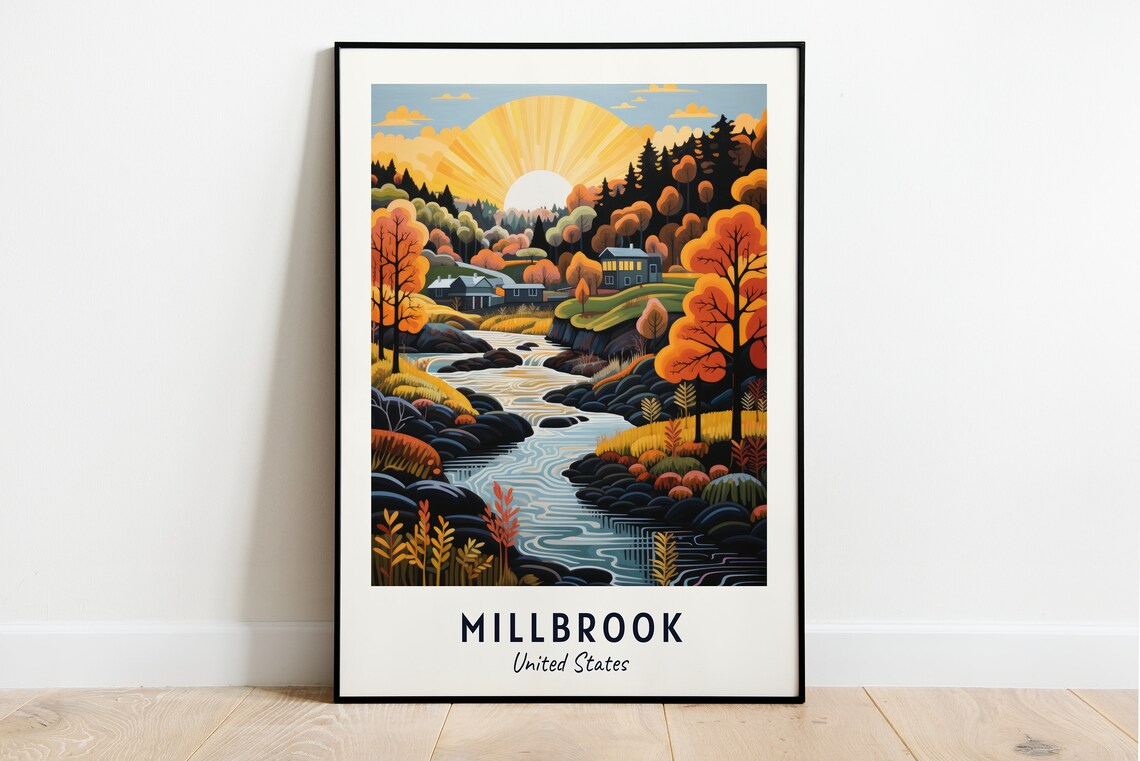 Millbrook Autumn Colors River Valley Cabins Countryside Travel Poster