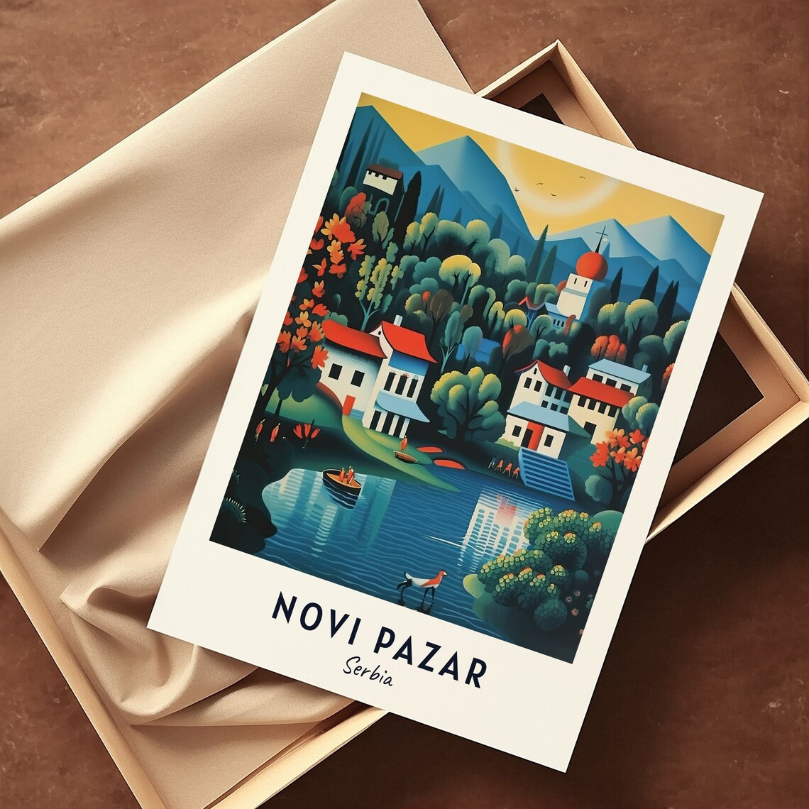 Lakeside Mountain Village with Church Novi Pazar Serbia Poster - Image 3