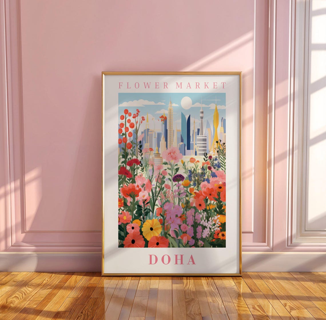 Doha Flower Market Poster with Modern Skyline Moonlit Wildflower Art - Image 3