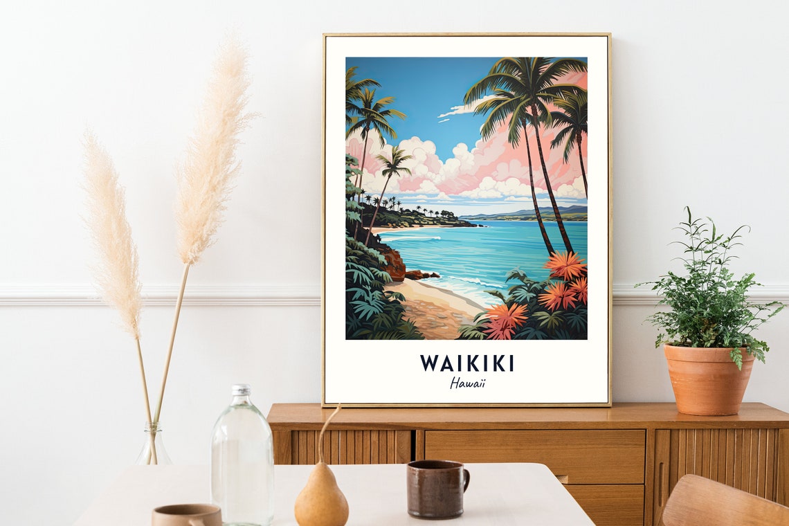Waikiki Palm-Framed Beach Cove Turquoise Hawaii Travel Poster - Image 2
