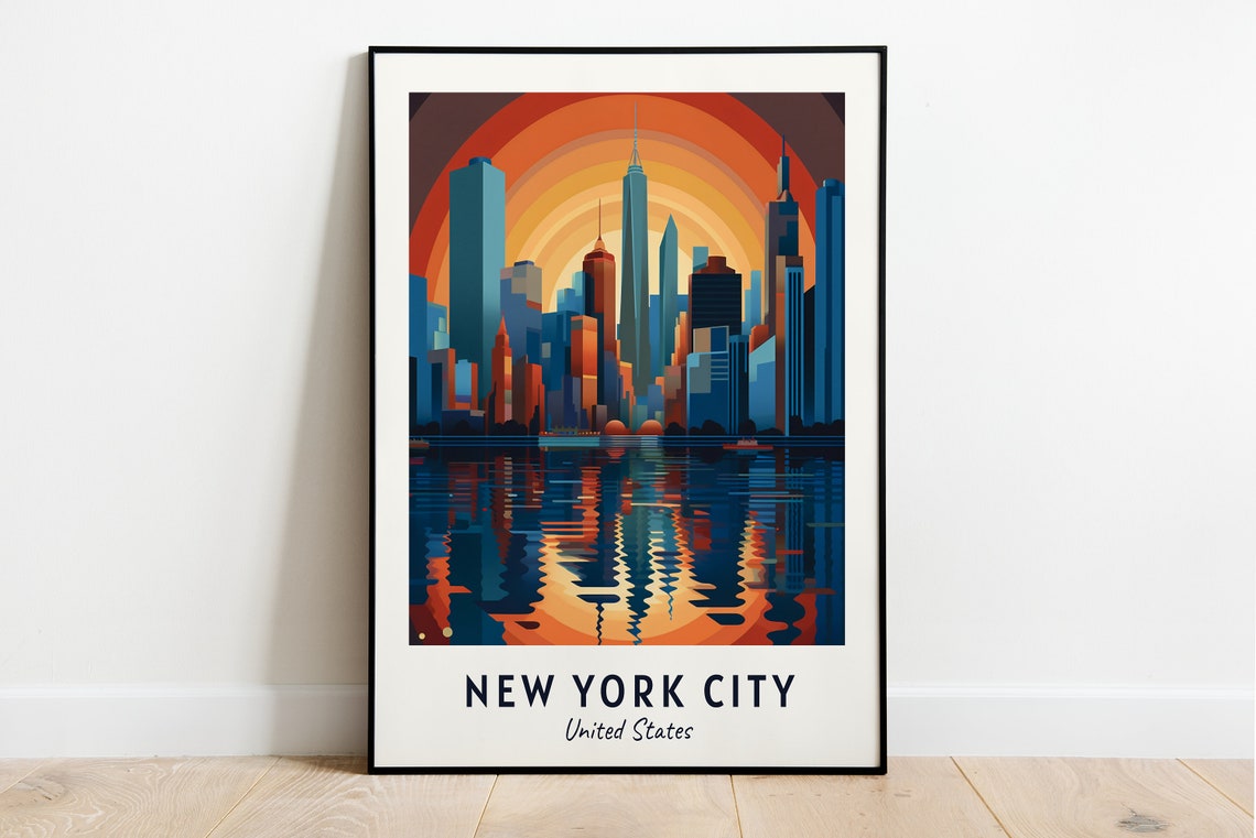 New York City Manhattan Skyline Water Reflection Sunset Travel Poster