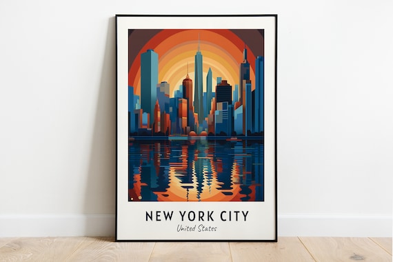 New York City Manhattan Skyline Water Reflection Sunset Travel Poster