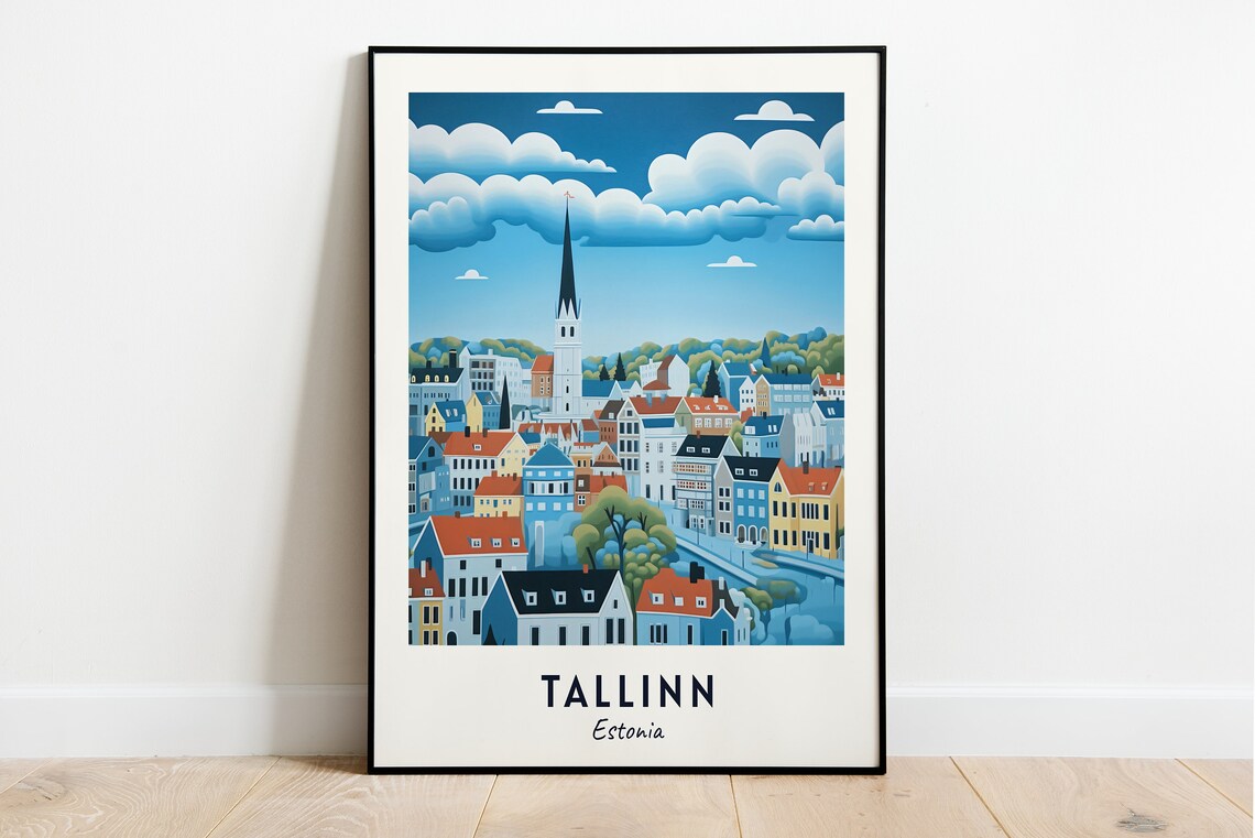 Tallinn Colorful Old Town Church Spire Cloudy Sky Travel Poster