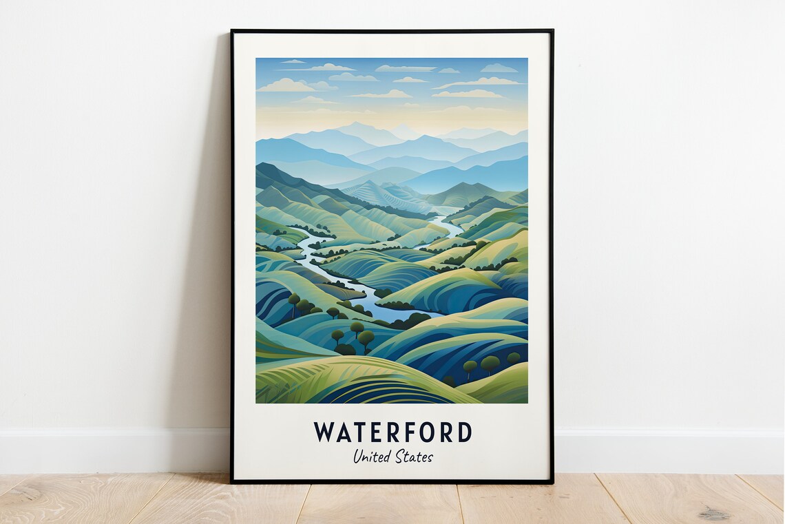 Waterford Rolling Green Hills Winding River Valley View Travel Poster