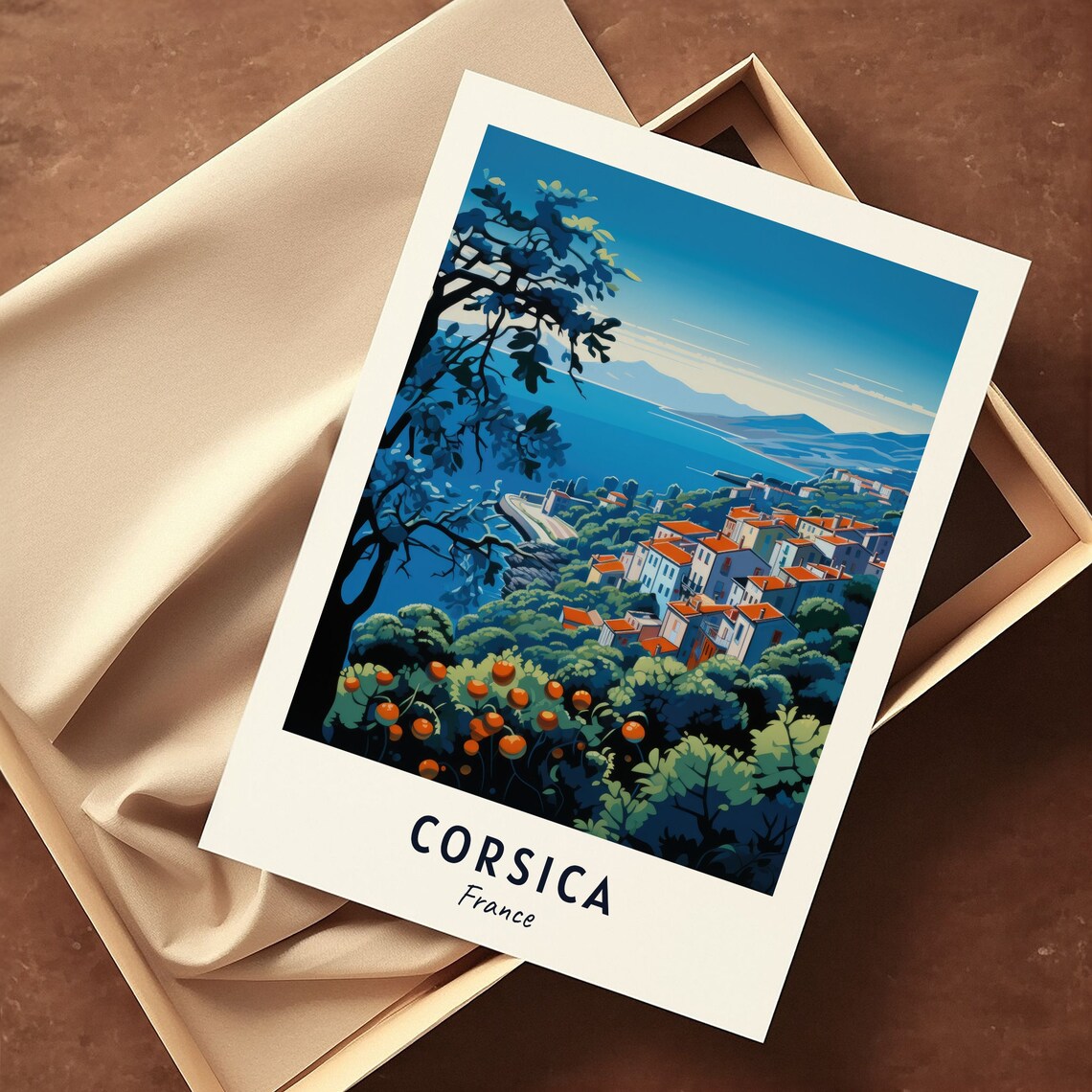 Corsica France Hillside Village With Orange Groves By The Sea Poster - Image 3