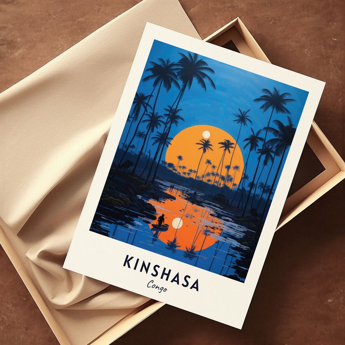 Kinshasa Congo Moonlit Palm Silhouettes And Boats On The Water Poster - Image 3