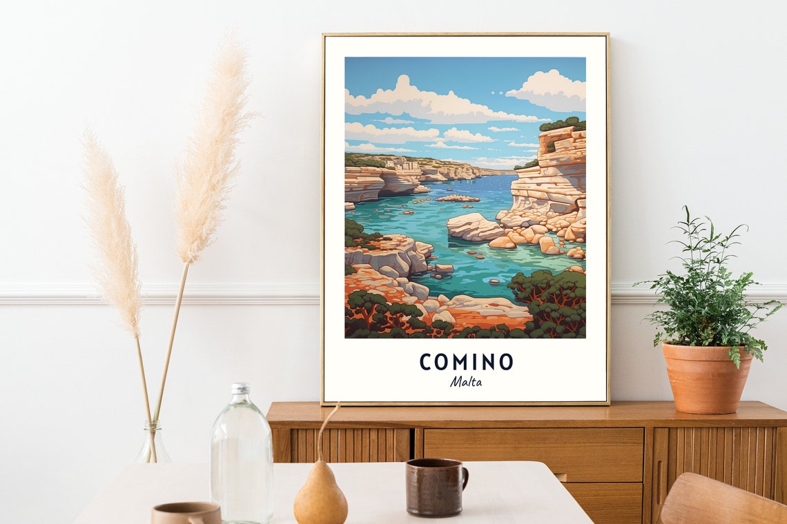 Comino Malta Turquoise Lagoon Rocky Cliffs Coastal Travel Poster - Image 2