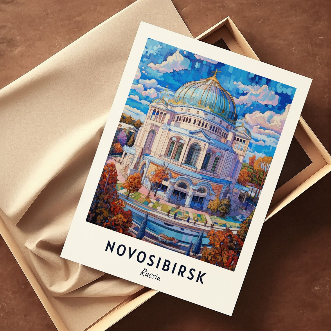Novosibirsk Russia Domed Cathedral Mosaic Style Retro Travel Poster - Image 3