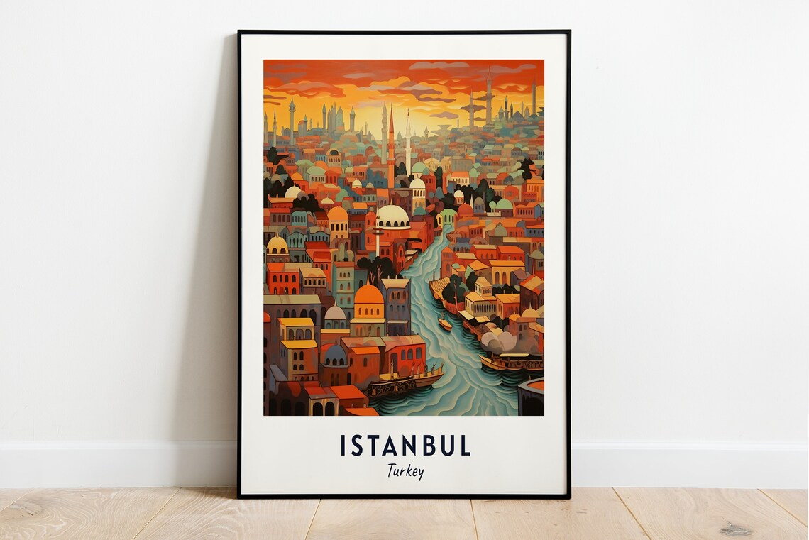 Istanbul Turkey Domes Minarets Waterfront Sunset City Travel Poster