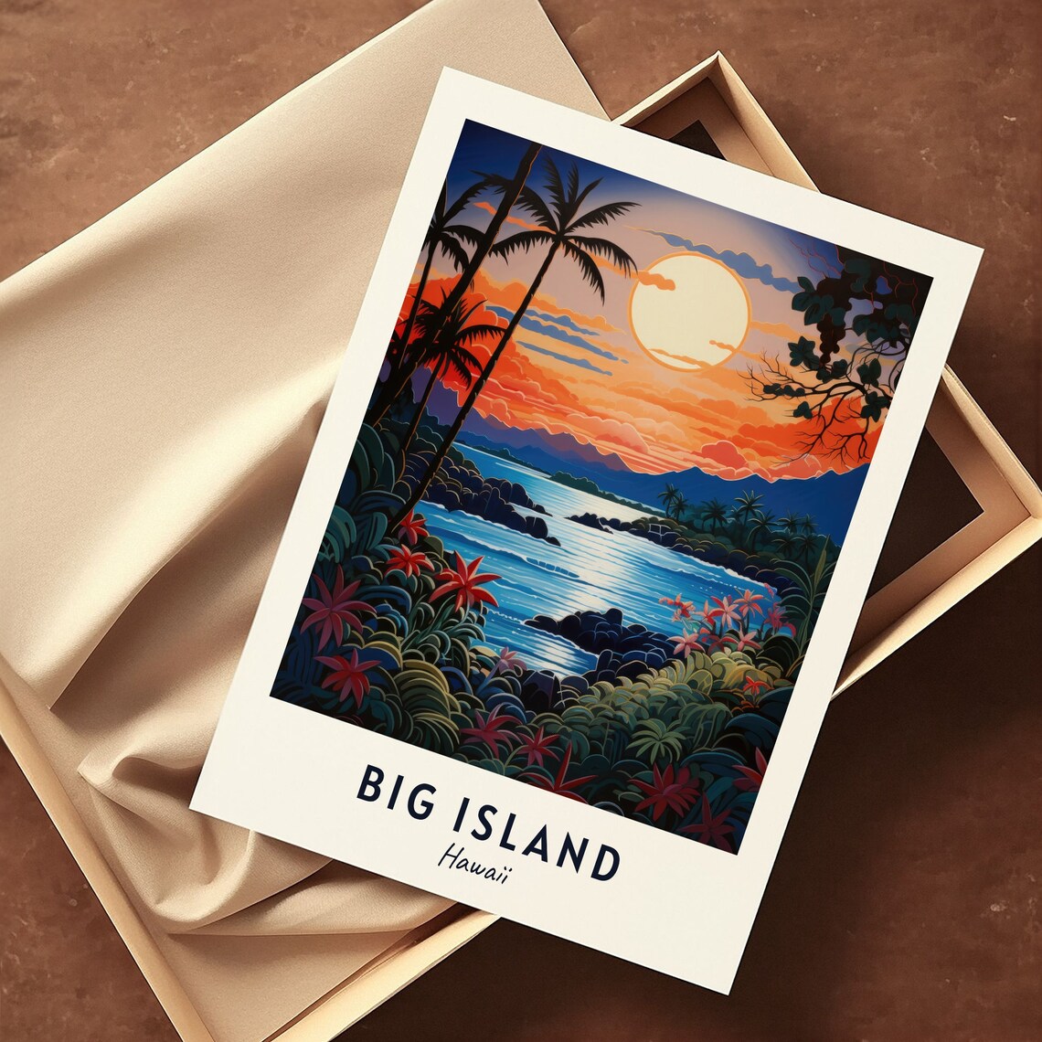 Big Island Hawaii Moonlit Cove Palm Trees Lava Rock Shore Travel Poster - Image 3