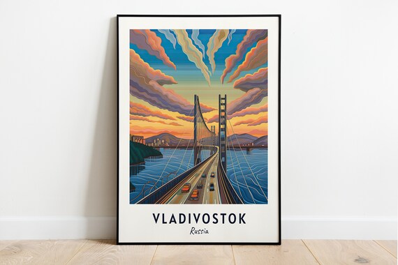 Vladivostok Russia Russky Bridge Sunset Cars Scene Travel Poster