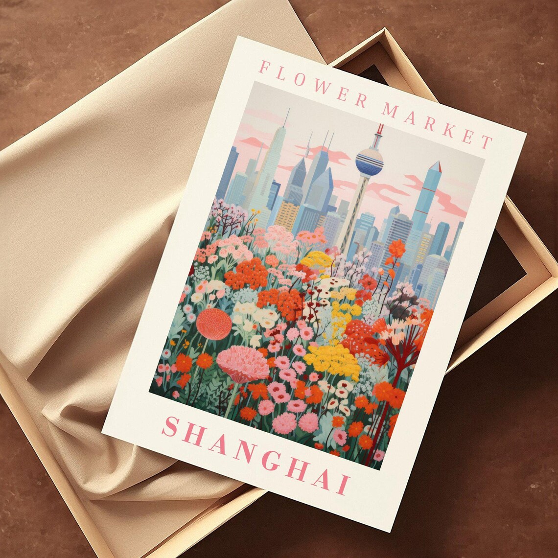 Shanghai China Flower Market Pearl Tower Pink Blossom Travel Poster - Image 2