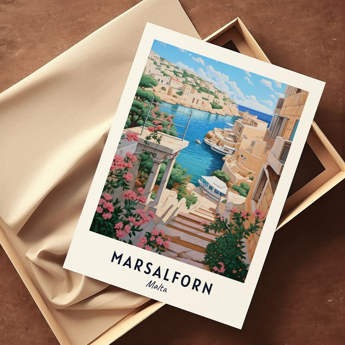 Marsalforn Malta Harbor Bougainvillea Staircase Travel Poster - Image 3
