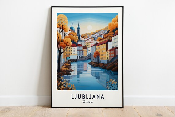 Ljubljana Slovenia Autumn River Old Town Cityscape Travel Poster