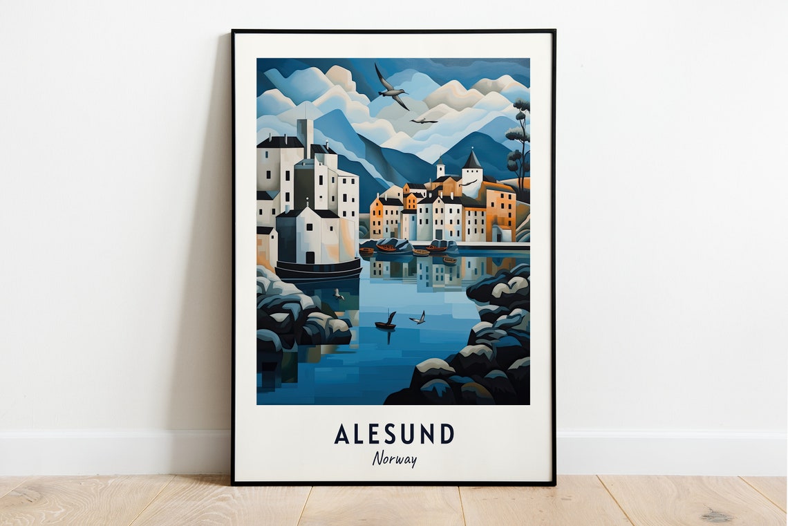 Alesund White Harbor Town Beneath Snowy Peaks in Norway Poster