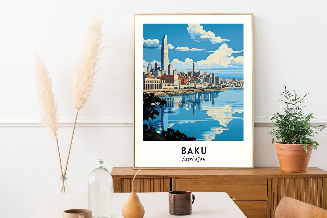 Baku Azerbaijan Modern Waterfront Skyline Minimalist Travel Poster - Image 2