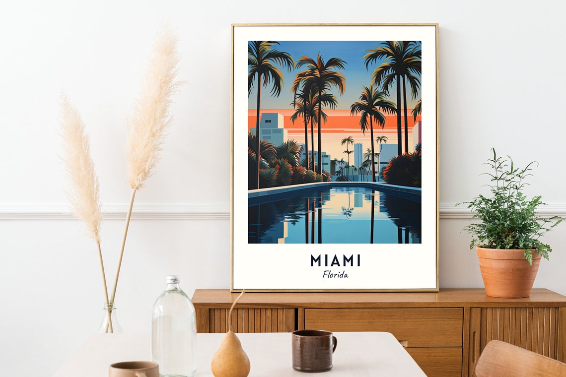 Miami Florida Resort Pool at Sunset with Palm Trees Travel Poster - Image 2