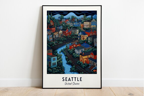 Seattle United States Colorful Hillside Night City Travel Poster