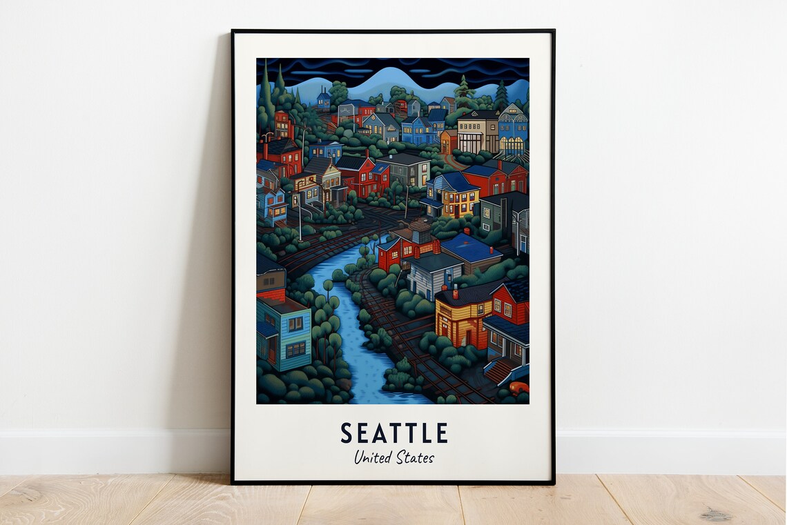 Seattle United States Colorful Hillside Night City Travel Poster