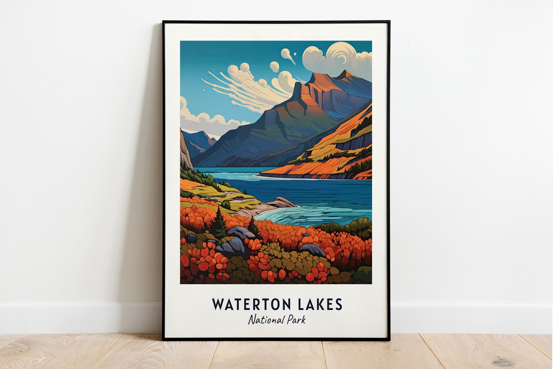 Waterton Lakes National Park Autumn Peaks Lake Travel Poster