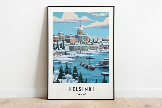 Helsinki Finland Snowy Winter Harbor Cathedral Scene Travel Poster