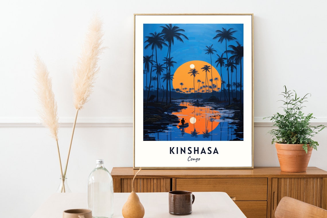 Kinshasa Congo Moonlit Palm Silhouettes And Boats On The Water Poster - Image 2