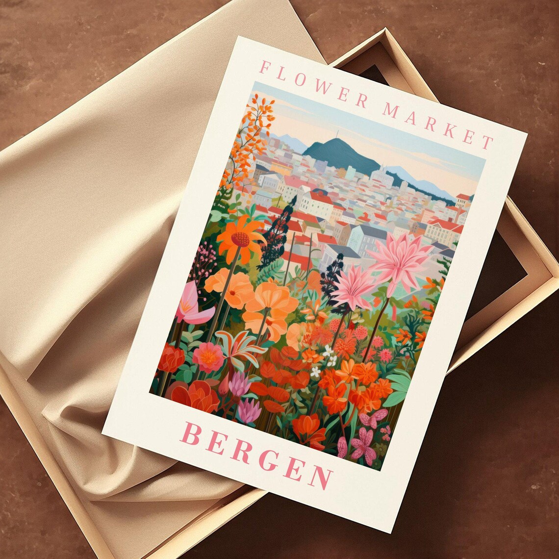 Bergen Norway Flower Market Fjord Mountain Town Bloom Travel Poster - Image 2