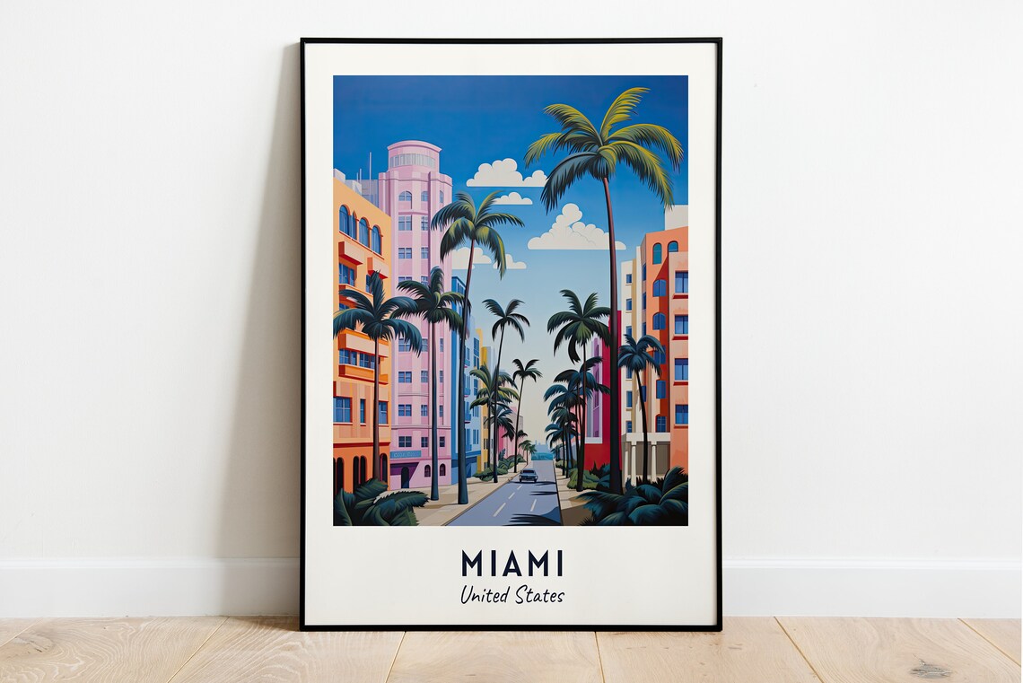 Miami United States Art Deco Street Lined with Palms Travel Poster