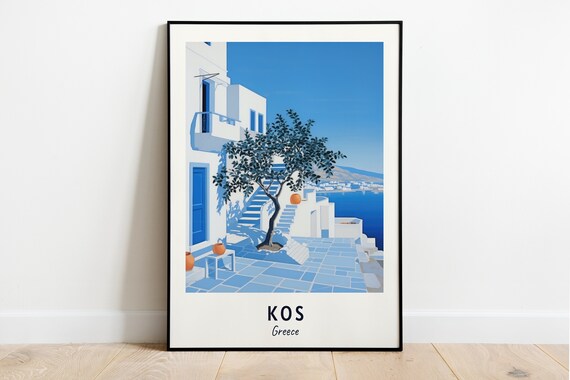 Kos Greece Whitewashed Courtyard Tree Sea View Blue Doors Travel Poster