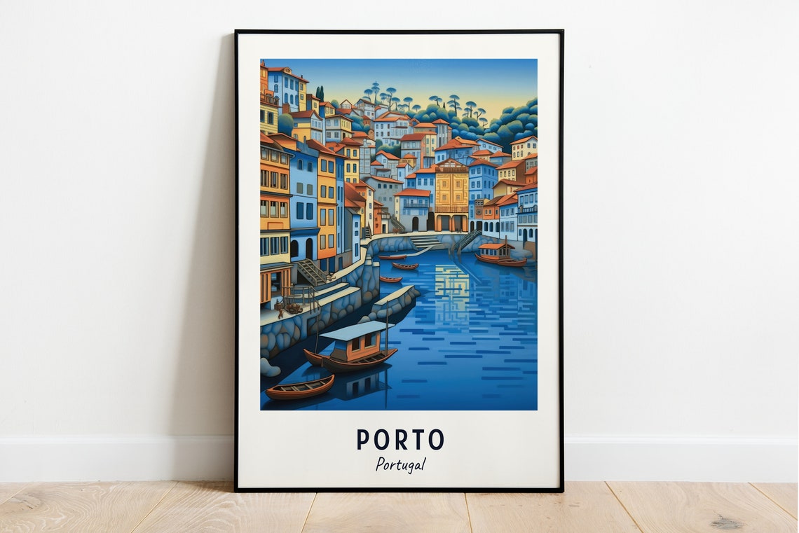 Porto Portugal Riverside Boats Evening Travel Poster Artwork