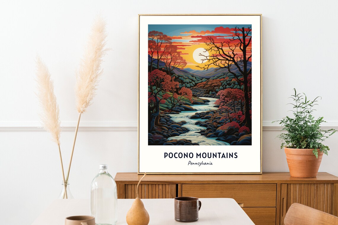 Pocono Mountains Pennsylvania Orange Sunset Valley Stream Scene Poster - Image 2