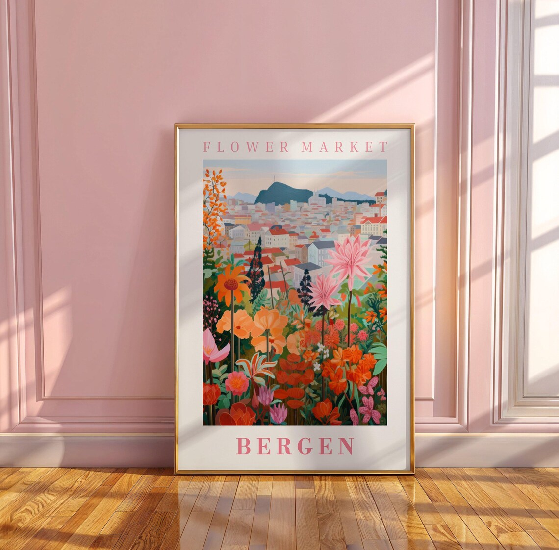 Bergen Norway Flower Market Fjord Mountain Town Bloom Travel Poster - Image 3