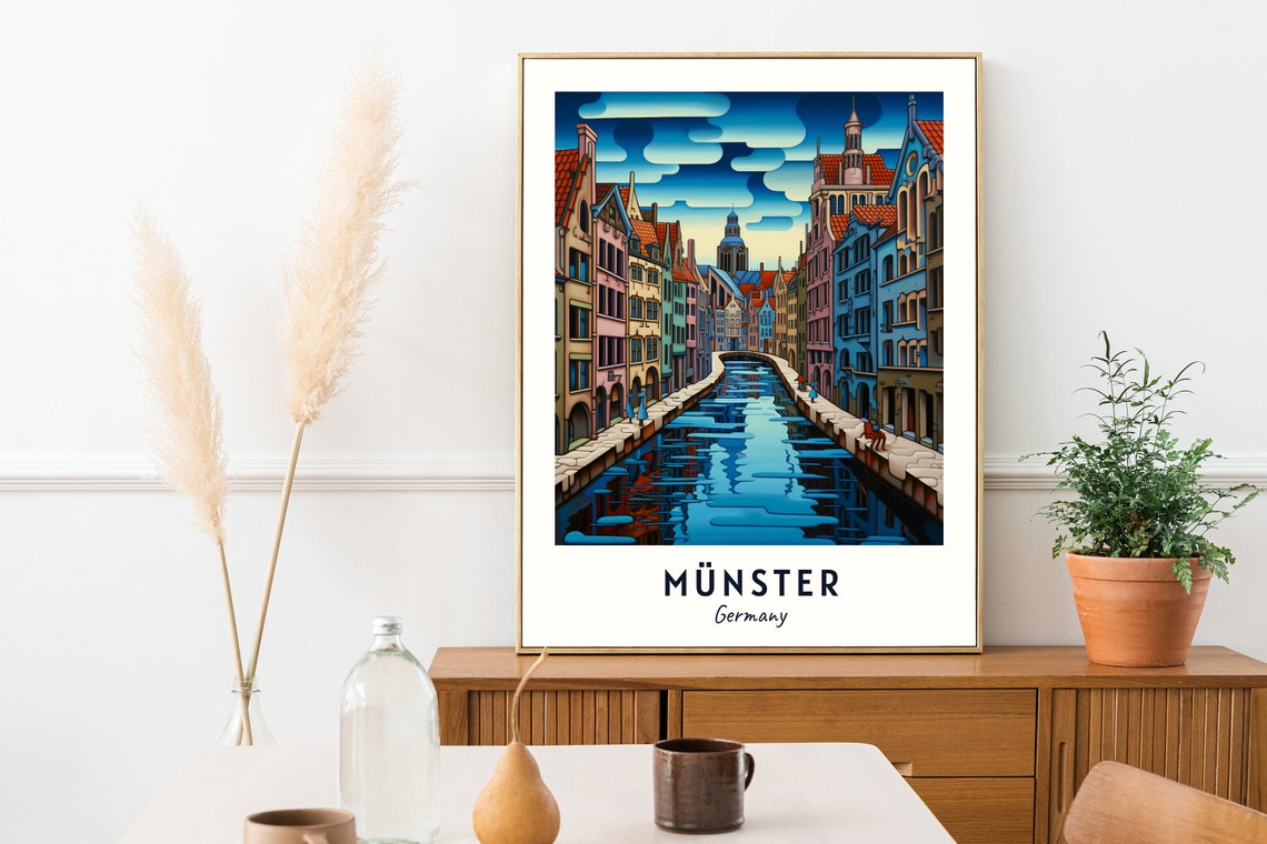 Münster Germany Night Canal Gabled Houses Travel Poster Home Decor - Image 2