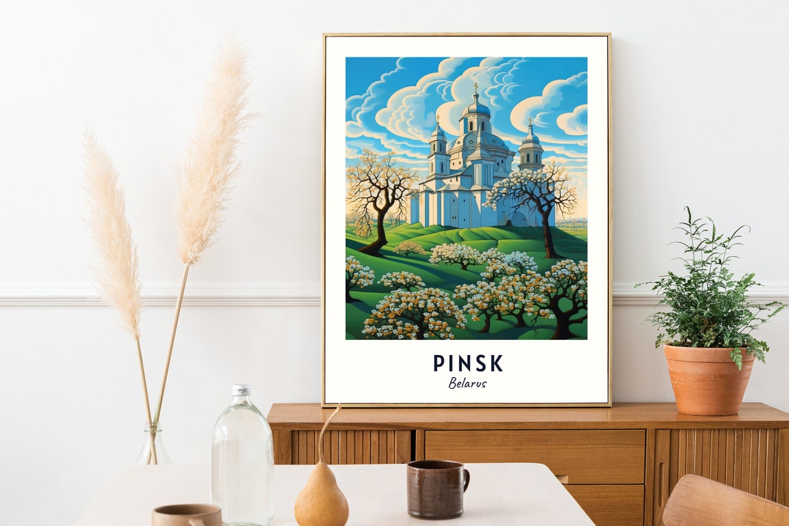 Pinsk Belarus White Domed Cathedral Above Blossoming Trees Poster - Image 2