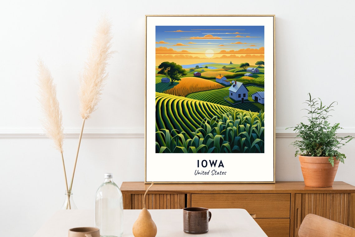 Iowa United States Rolling Cornfields Sunset Farmhouse Poster - Image 2