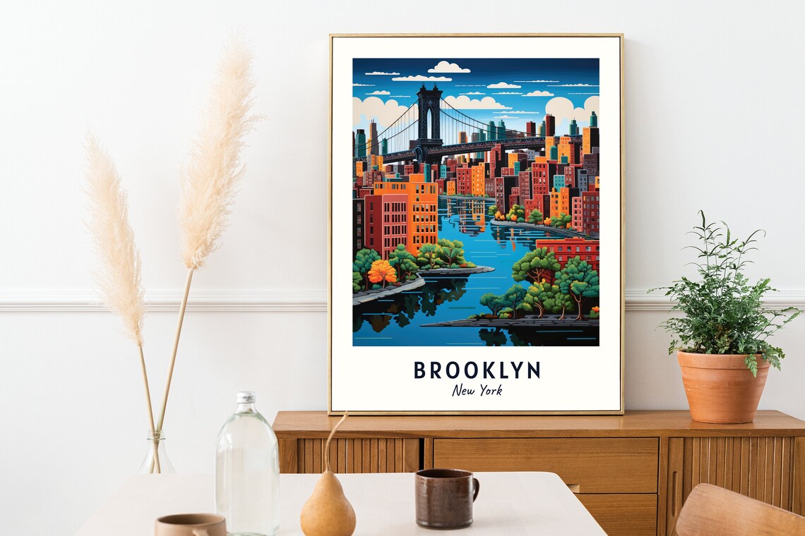 Brooklyn New York Bridge Cityscape Riverside View Travel Poster - Image 2