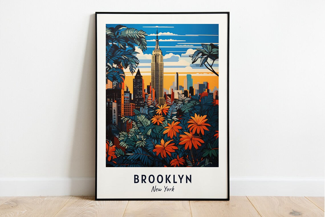 Brooklyn New York Empire State Sunset Tropical Garden Travel Poster