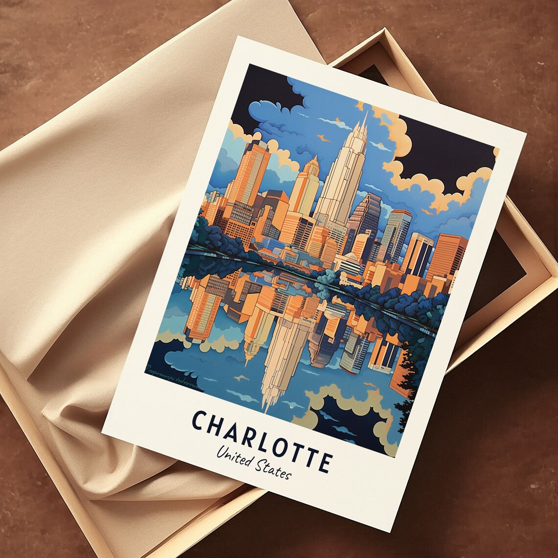 Charlotte United States Skyline Water Reflection Travel Poster - Image 3